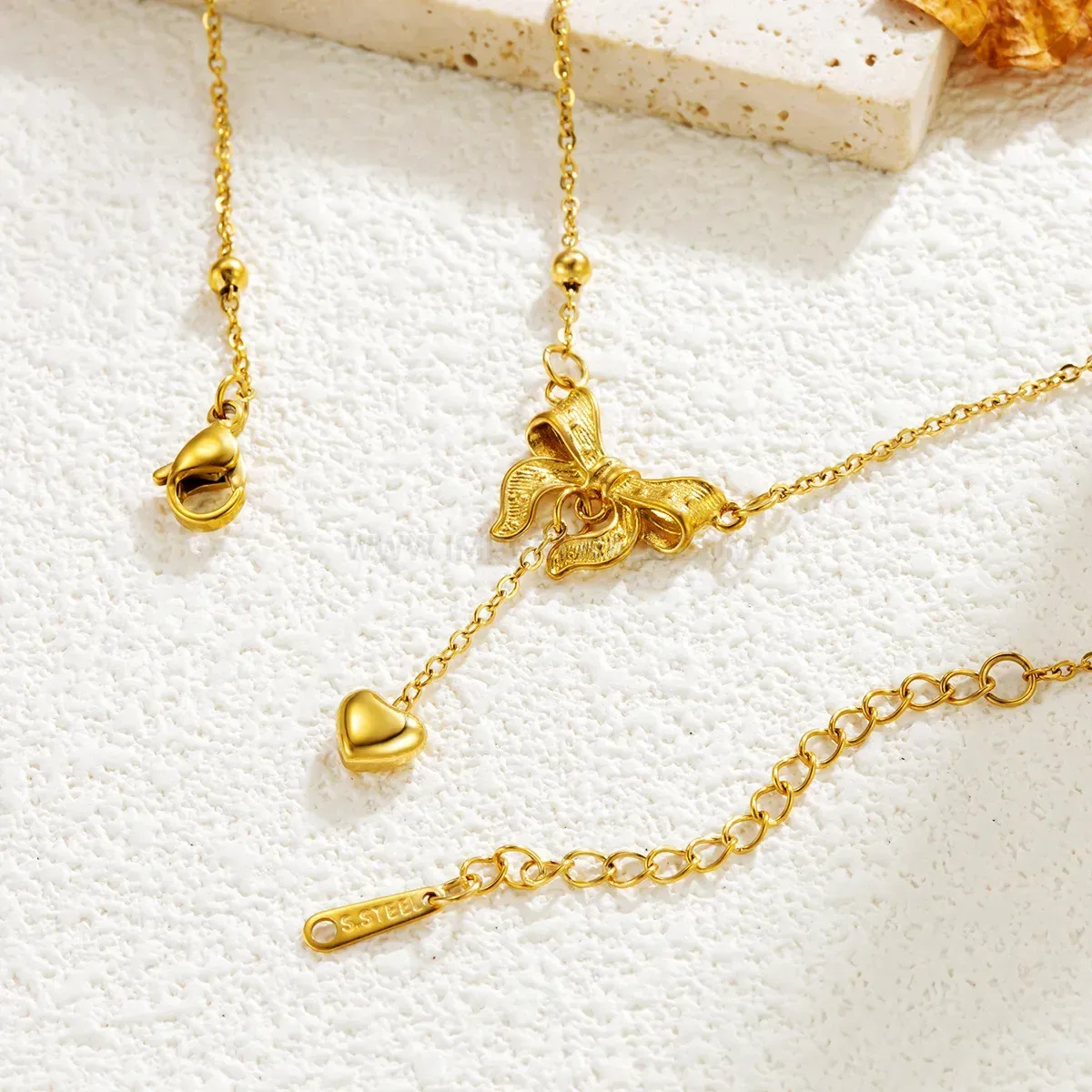 Trendy Bow and Heart Pendant Stainless Steel Bead Chain Necklace