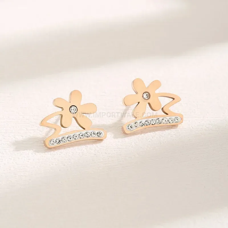 Rhinestone Camellia Flower Titanium Steel Stud Earrings