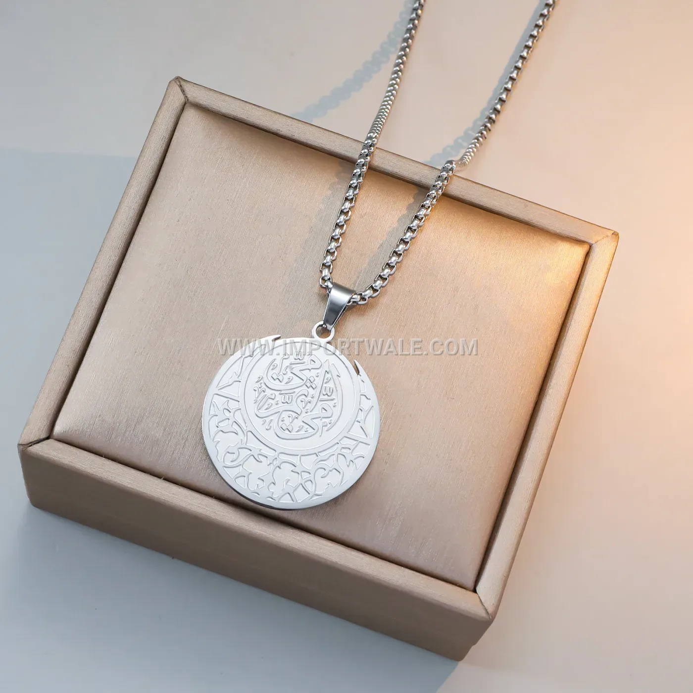 Gold Plated Stainless Steel Islamic Calligraphy Coin Medallion Pendant Necklace