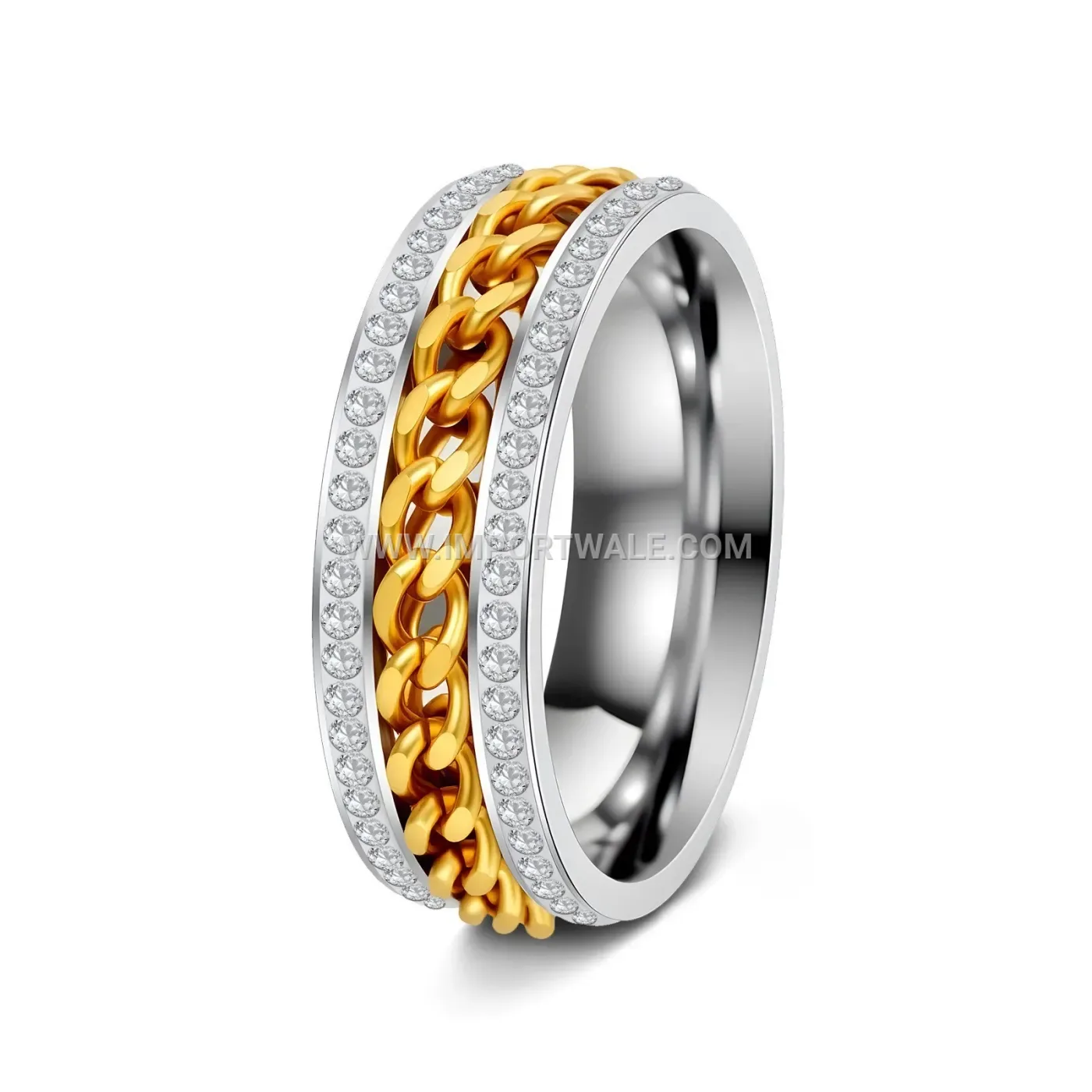 Double-Row Rhinestone Rotating Chain Band Ring