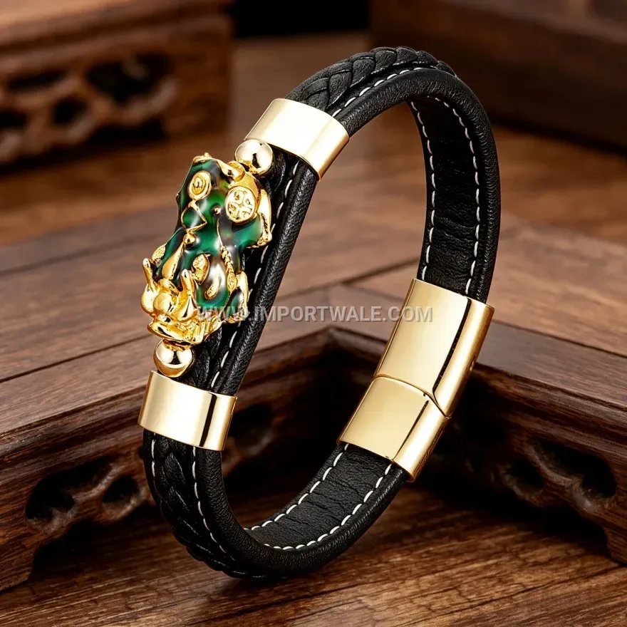 Woven Leather Bracelet with Metallic Pixiu Charm Accents
