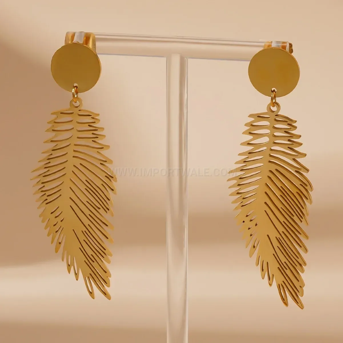 Gold Plated Titanium Steel Statement Feather Drop Earrings