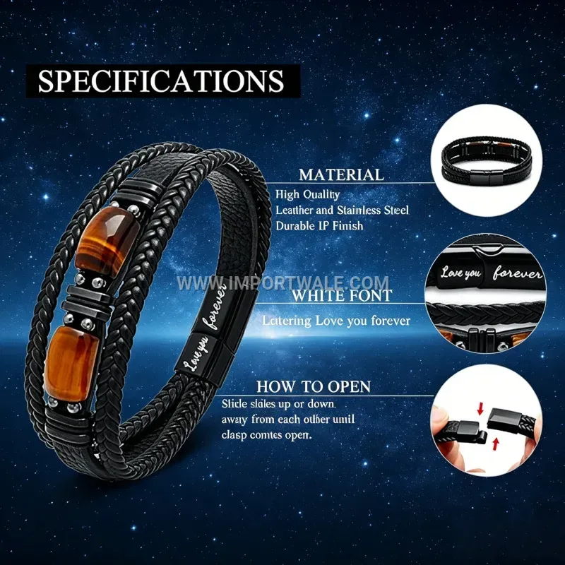 Men Braided Leather Tiger Eye Stone Wristband Clasp Gift Set