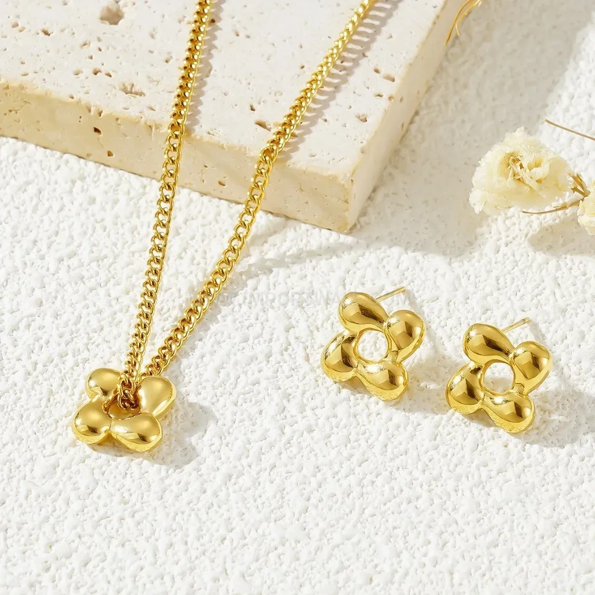 Chic Asymmetric Rotating Flower Titanium Steel Pendant Necklace and Earrings Set