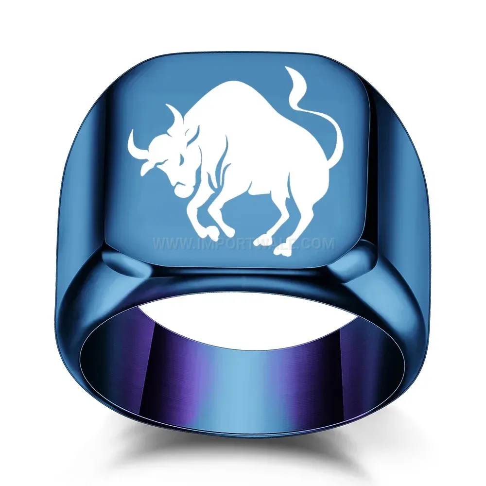 Premium Laser Engraved Bull Motif Stainless Steel Punk Square Signet Ring