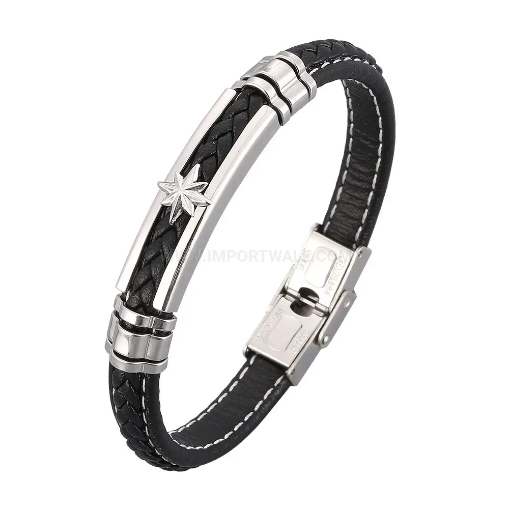 Anchor Accent Woven Leather Bracelet with Stainless Steel Detail