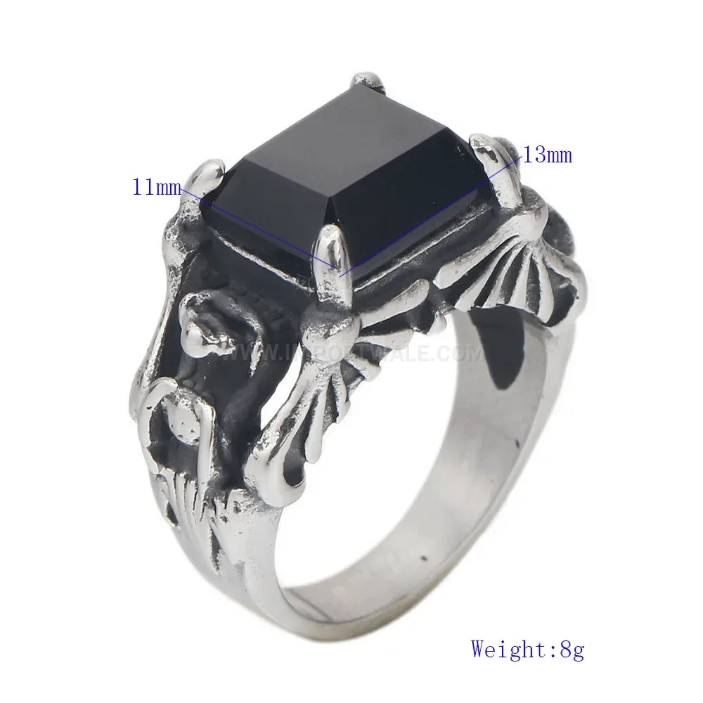 Modern Gothic Antique Stainless Steel Ring with Black Glass Stone