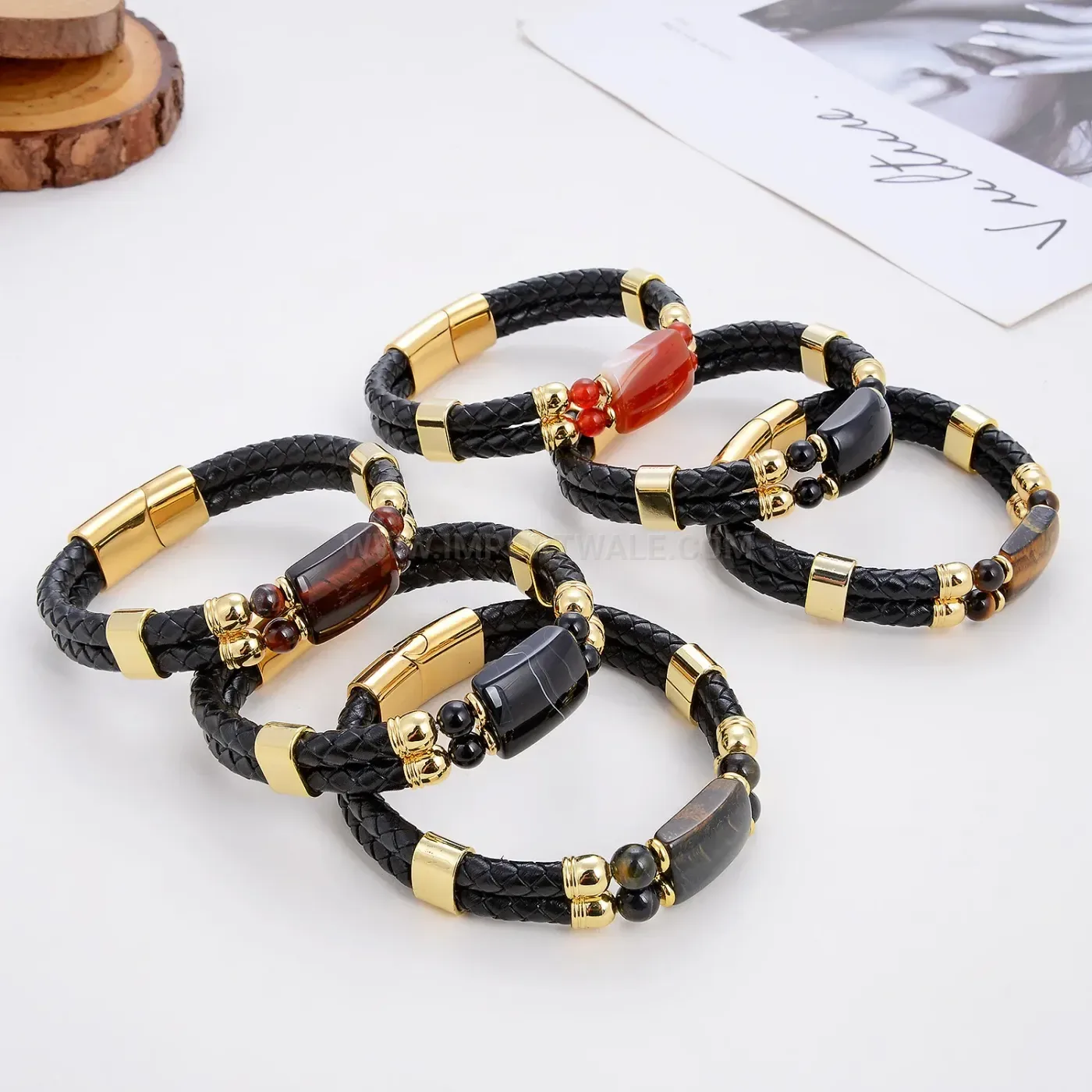 Handcrafted Braided Leather Stone Bracelet with Stainless Steel Clasp