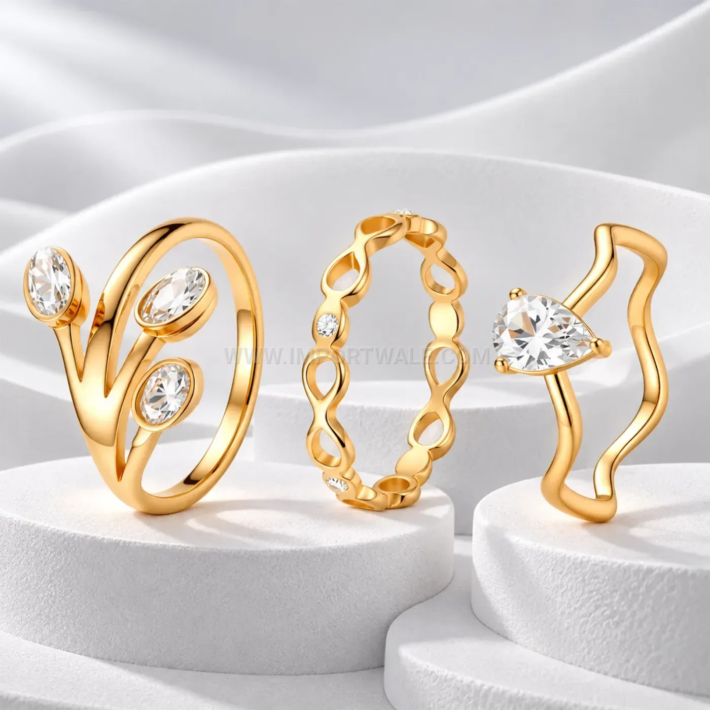 Wavy Cutout Gold Plated Stainless Steel Cubic Zirconia Ring Set