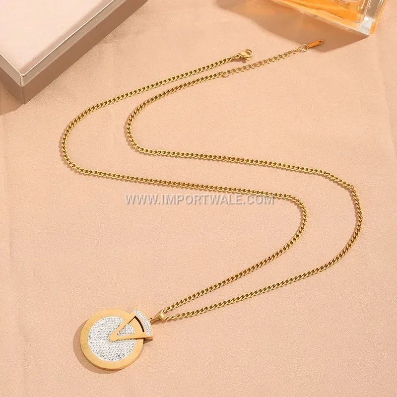 Rotatable Rhinestone Disc Pendant Long Chain Necklace