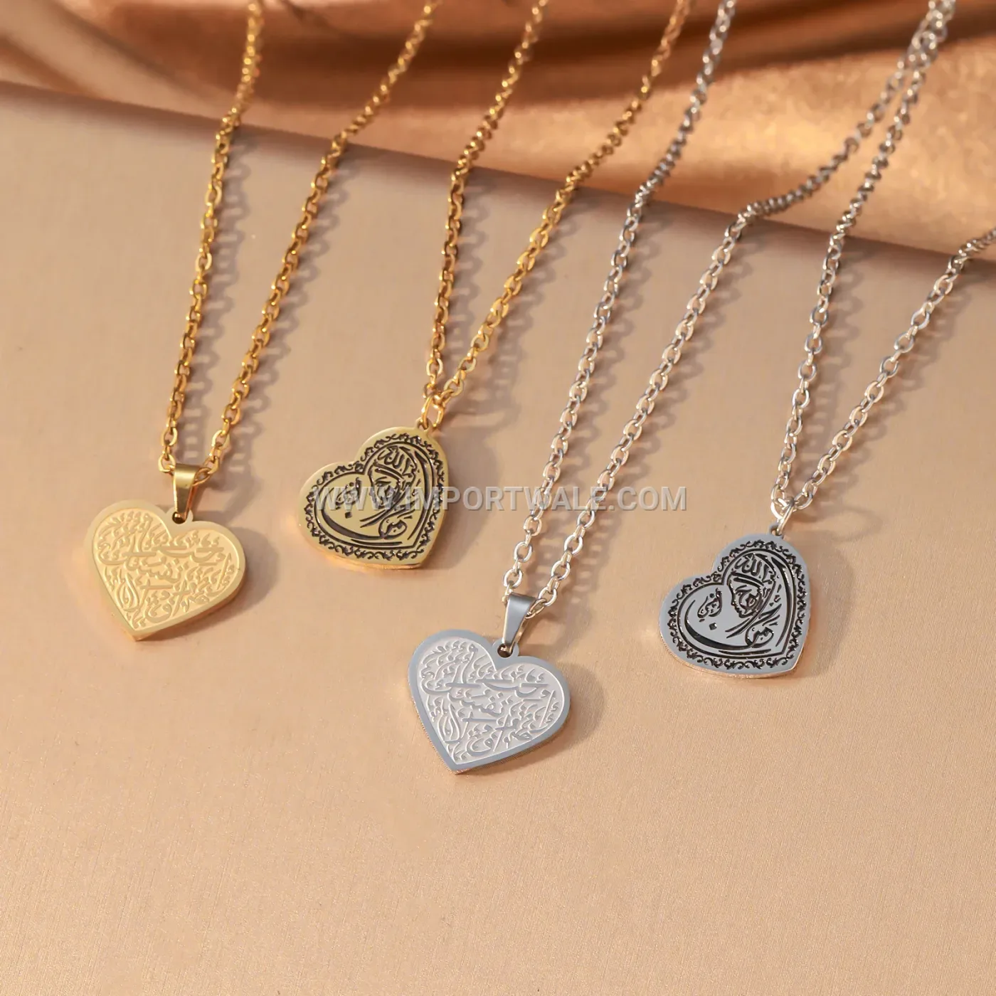 Stainless Steel Two Tone Heart Pendant Ayatul Kursi Calligraphy Necklace