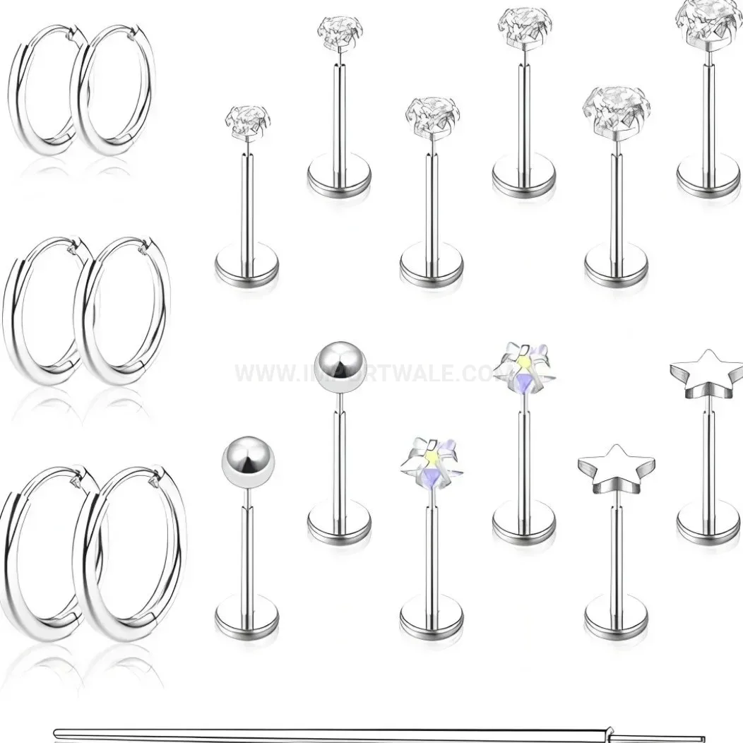 Fashion Minimalist Titanium Steel Star Zirconia Flat Back Piercing Stud Set