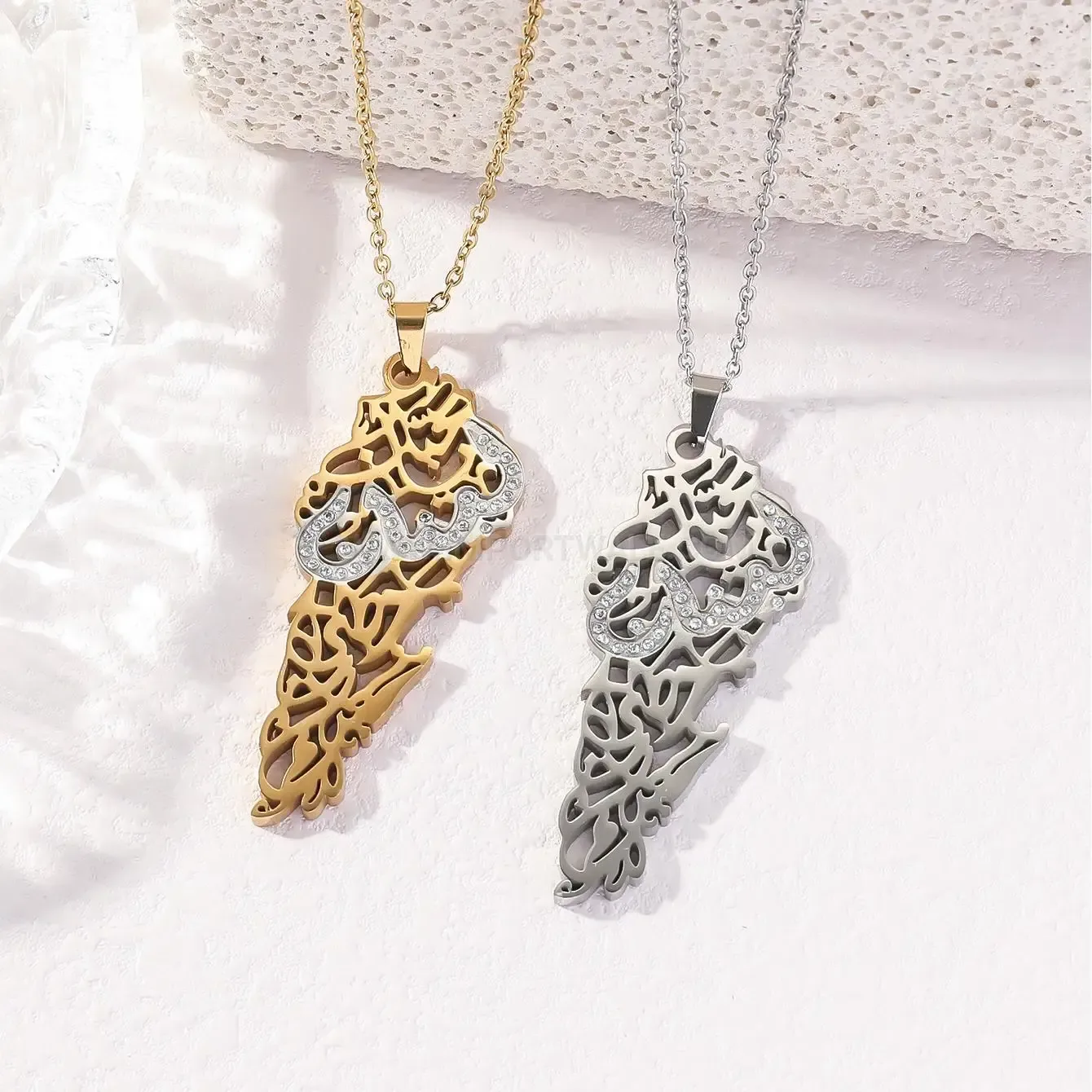Trendy Gold Plated Stainless Steel Palestine Map Zircon Pendant Necklace