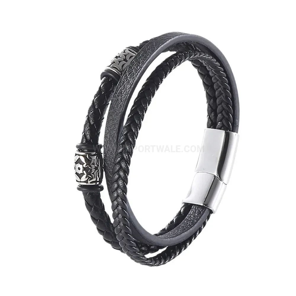 Woven Leather Strand Stainless Steel Magnetic Clasp Bracelet