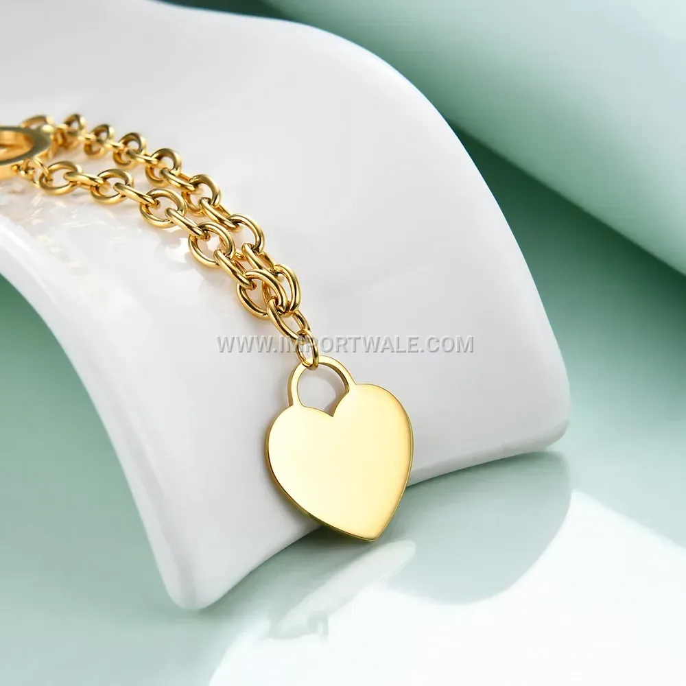 Engraved Initial Heart Pendant Toggle Necklace in Gold Plated Stainless Steel
