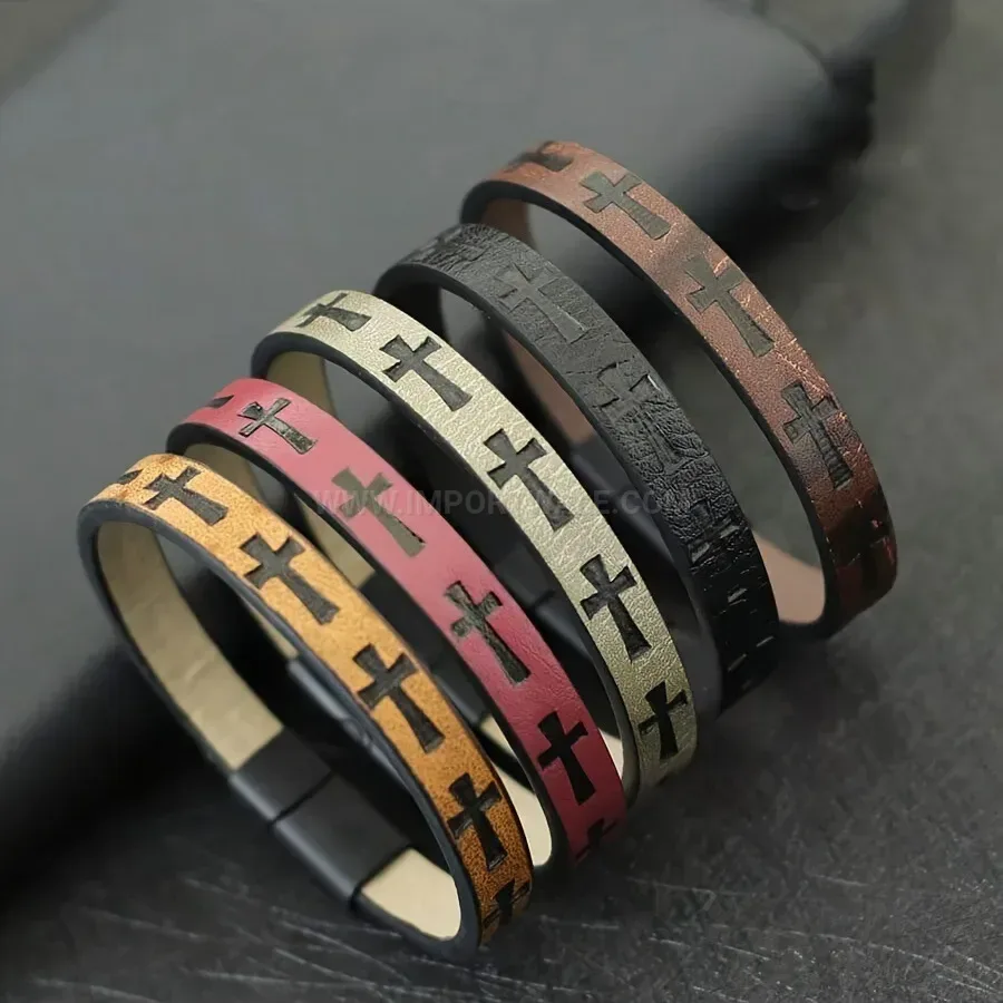 Stylish Printed Cross Faux Leather Bracelet With Magnetic Clasp