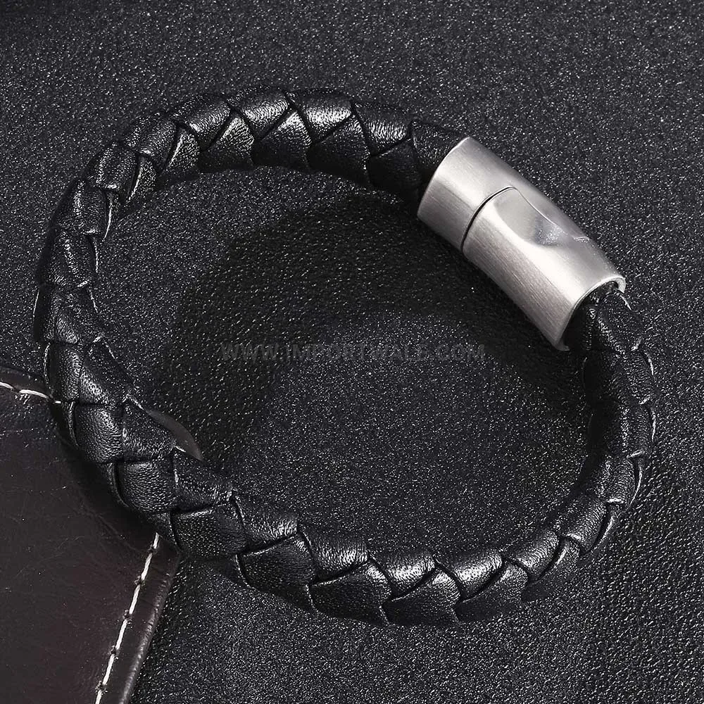 Woven Pattern Leather Bracelet with Stainless Steel Magnetic Closure