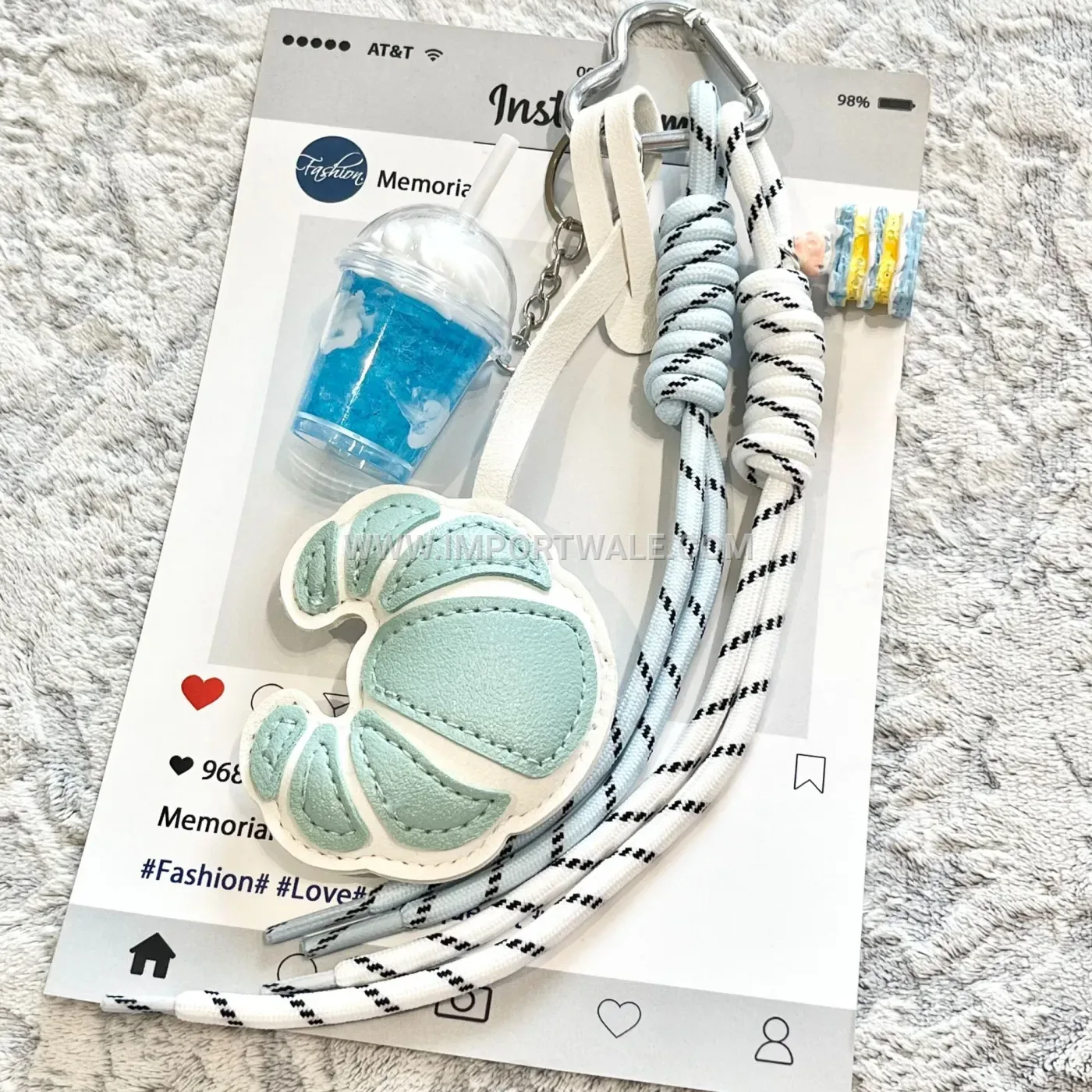 Woven Leather Drink Cup and Croissant Charm