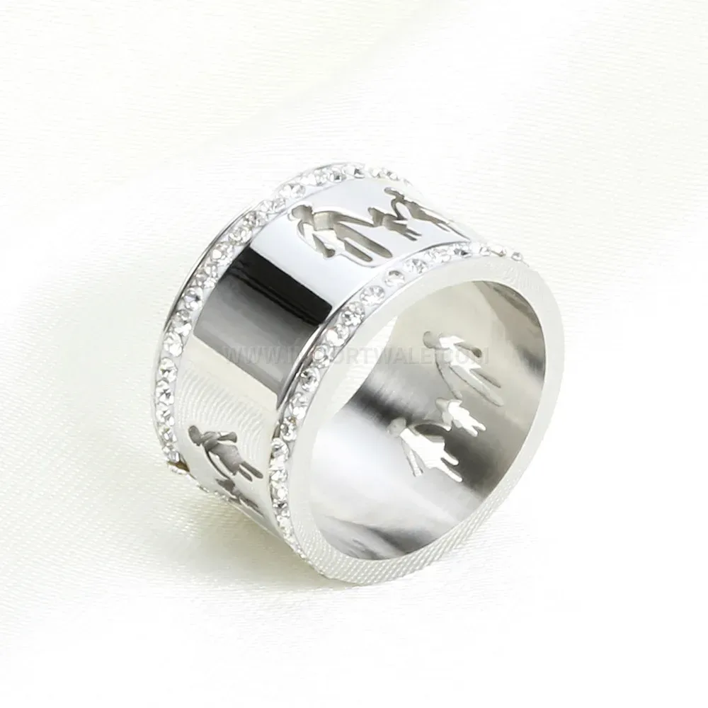 Modern Double-Row Rhinestone Cutout Family Commemorative Stainless Steel Ring