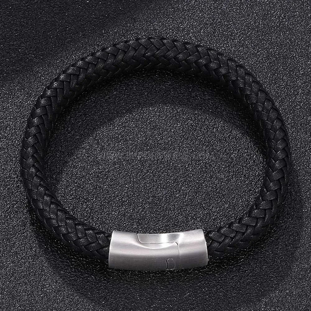 Woven Leather Rope Bracelet with Steel Magnetic Buckle