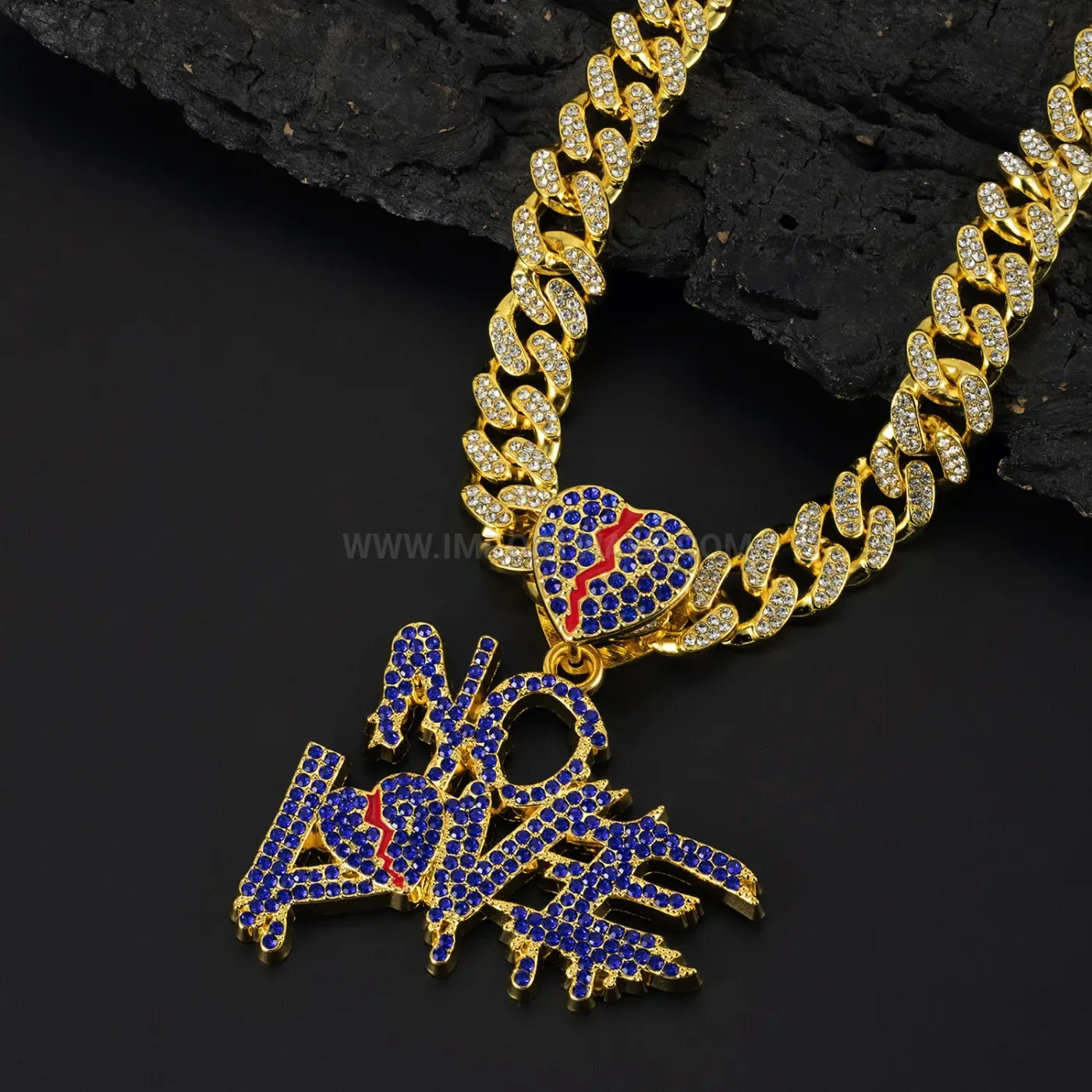 Fashion Iced Out NO LOVE Letter Pendant Cuban Link Necklace