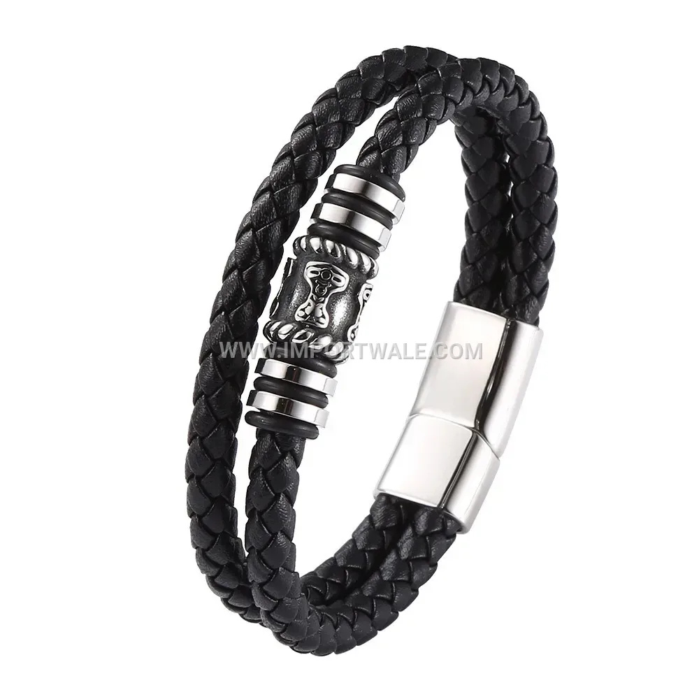 Classic Genuine Leather Cord Bracelet with Stainless Steel Magnetic Clasp