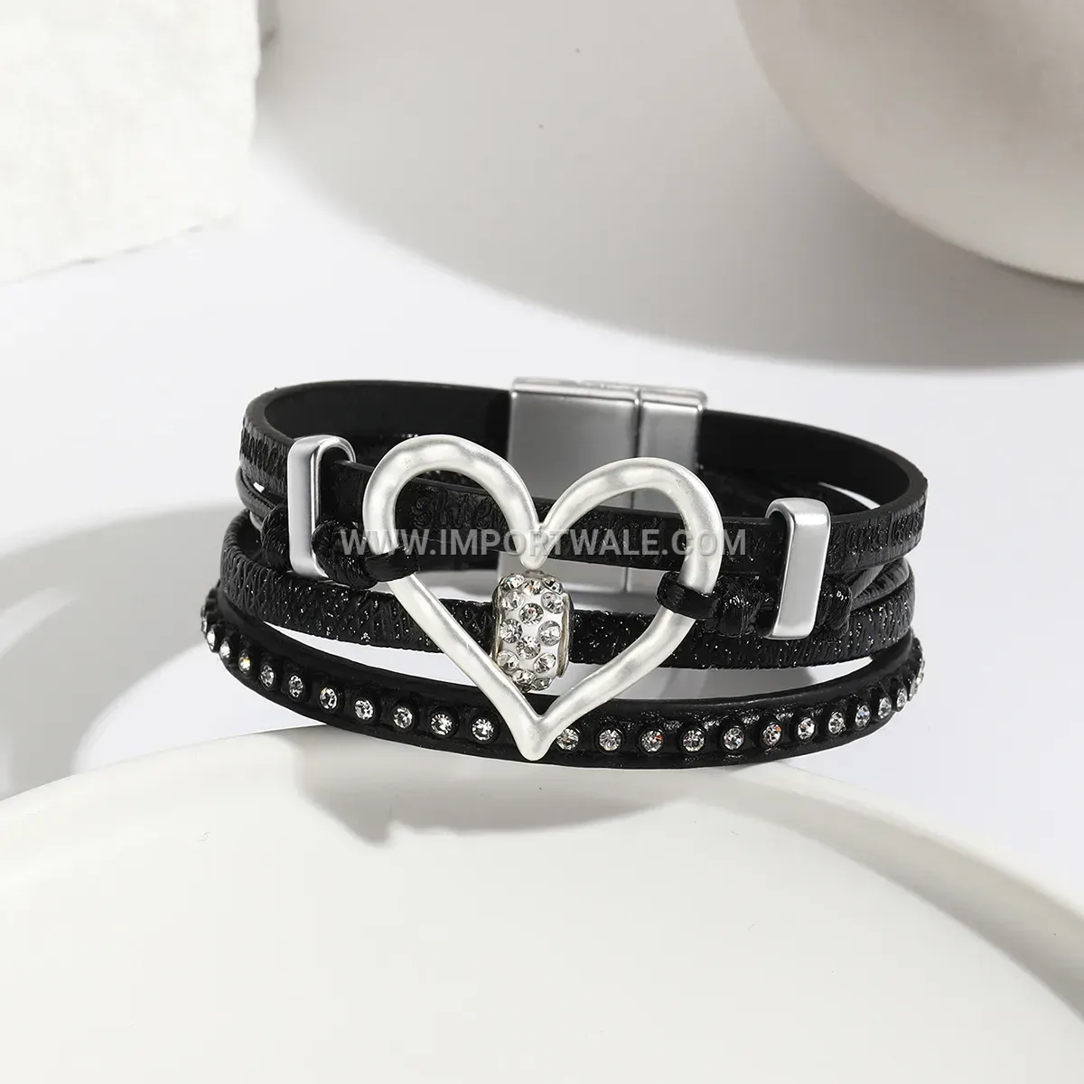 Vintage Rhinestone Heart Faux Leather Multi-Layer Wrap Bracelet
