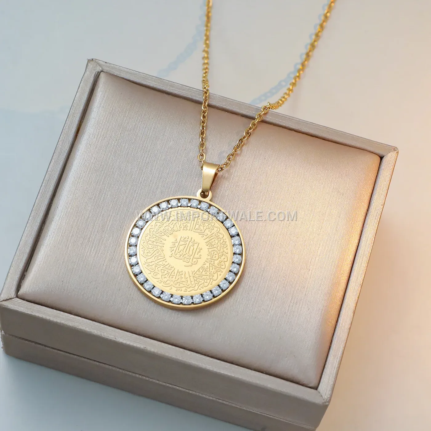 Gold Plated Stainless Steel Arabic Calligraphy Zircon Pendant Necklace