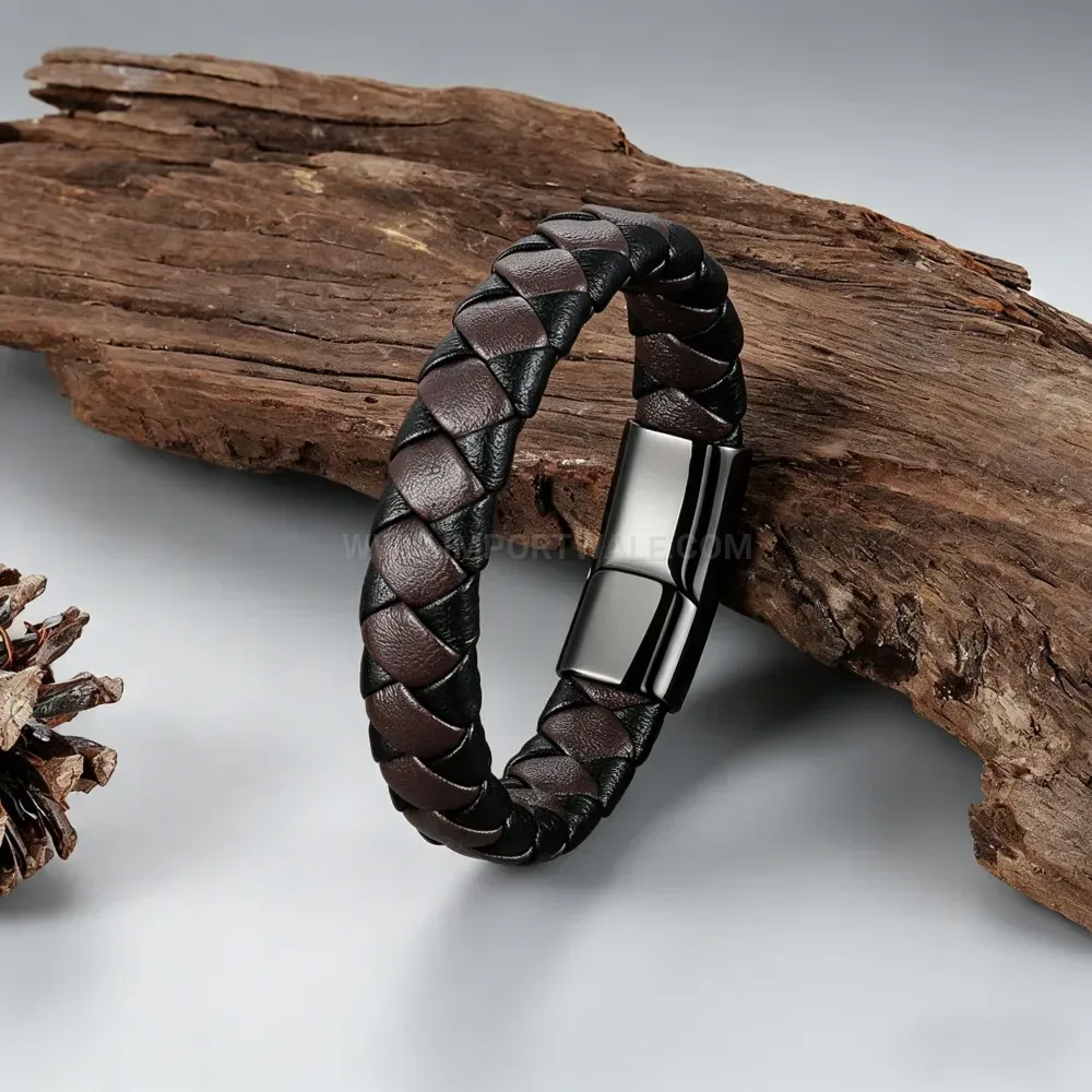 Stylish Braided Leather Cord Bracelet With Metallic Clasp