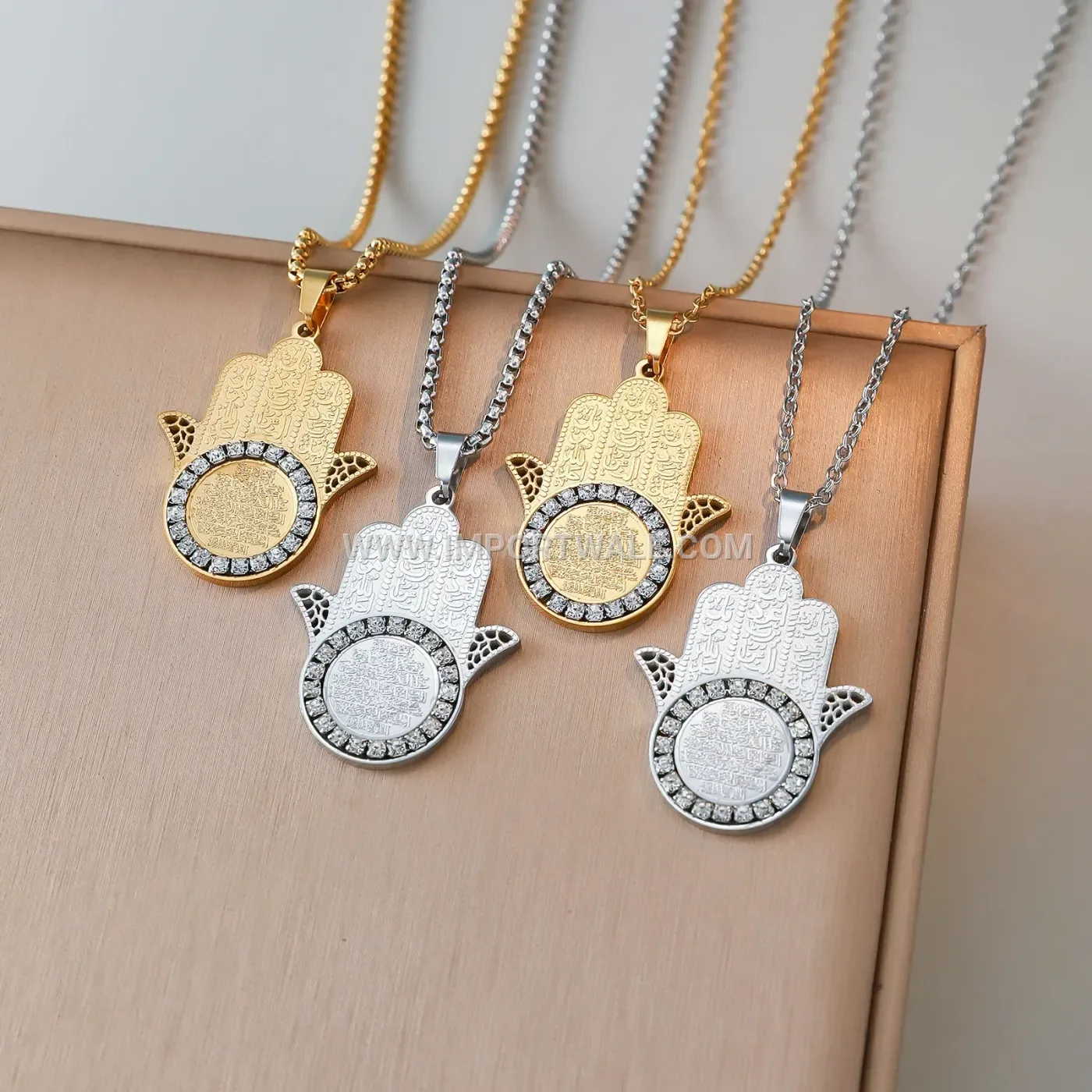 Zircon Ayatul Kursi Palm Stainless Steel Islamic Pendant Necklace