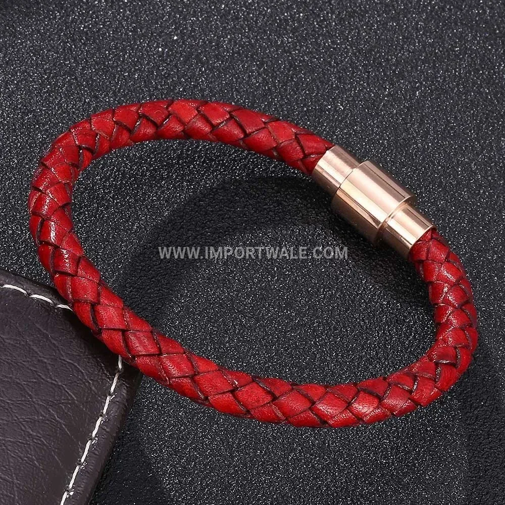 Rose Gold Plated Magnetic Clasp Braided Leather Men's Steel Bracelet