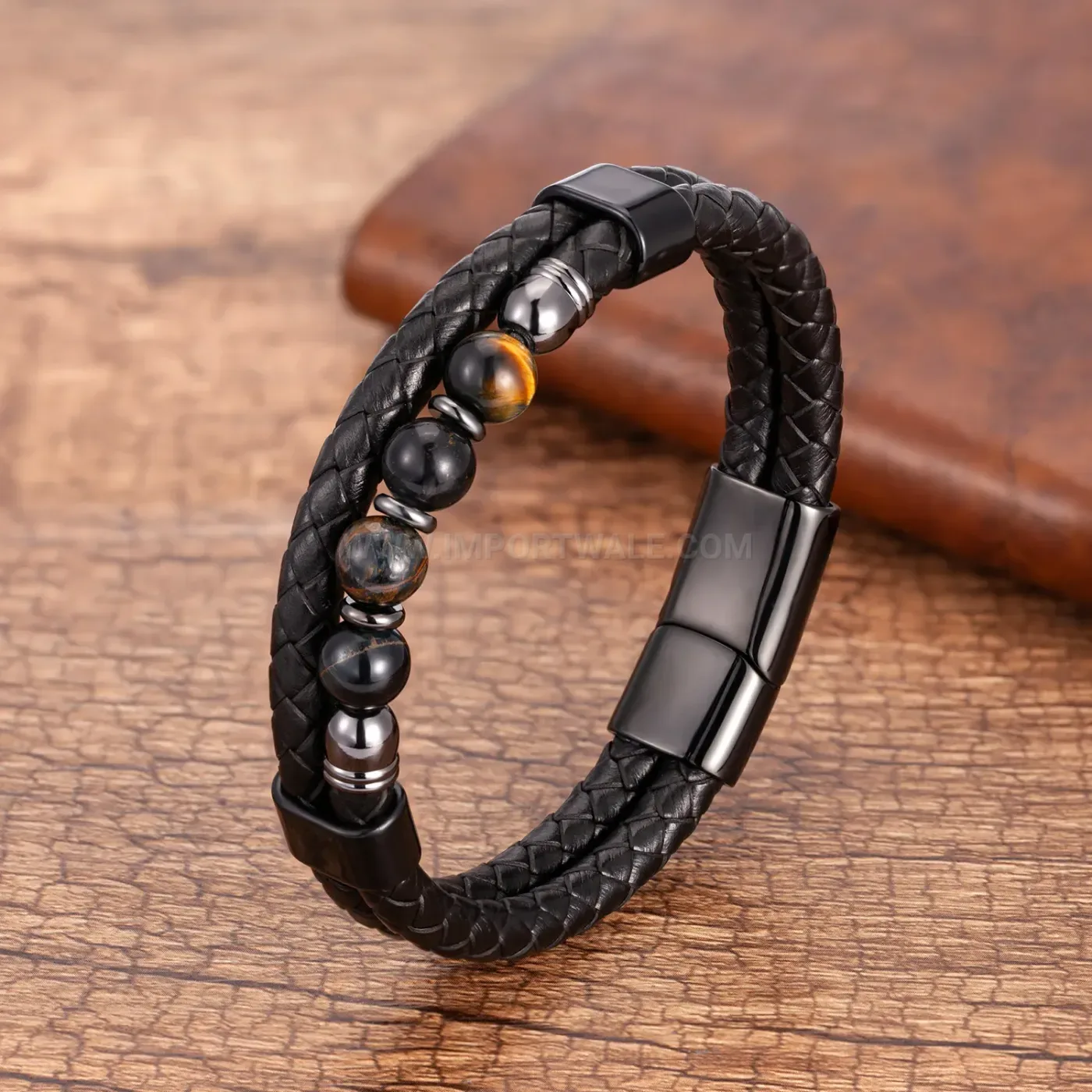 Dual Layer Stone and Braided Leather Bracelet with Clasp