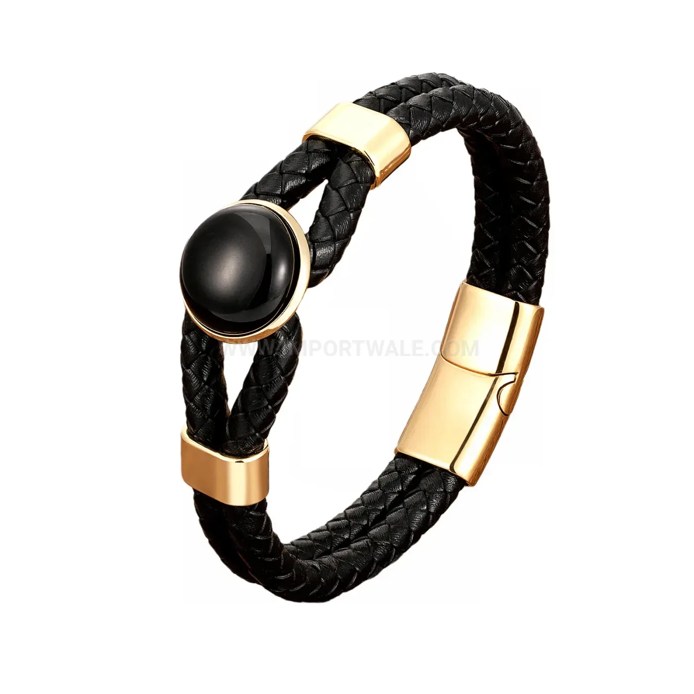 Handcrafted Braided Leather Bracelet with Round Natural Stone Accent