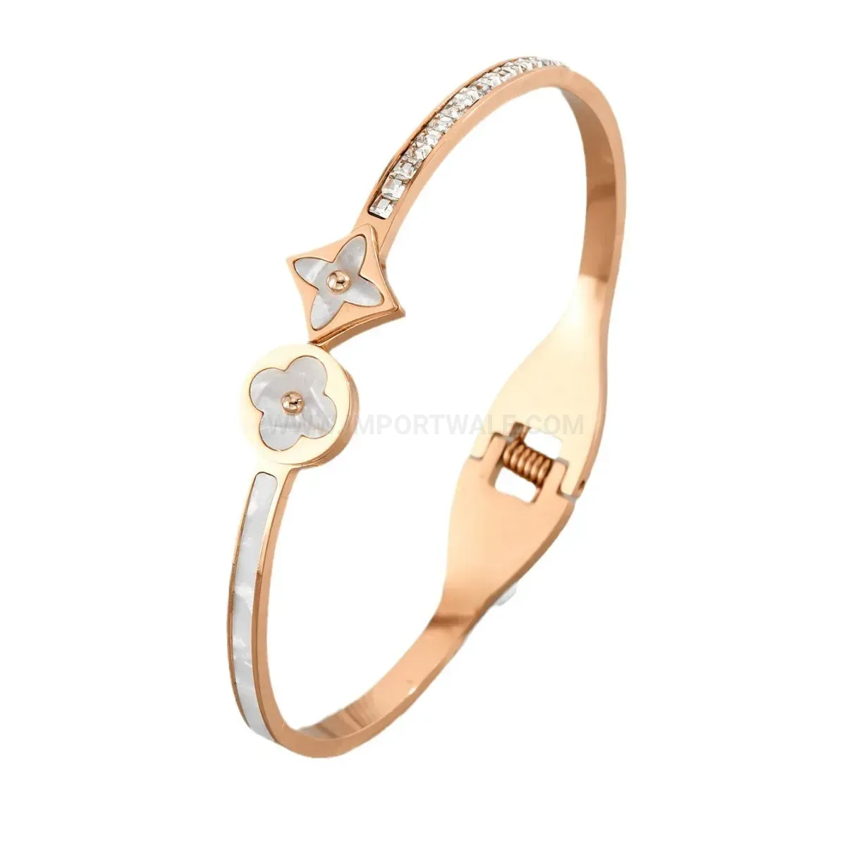 Cubic Zirconia Four-Leaf Clover Mother-of-Pearl Titanium Steel Bangle