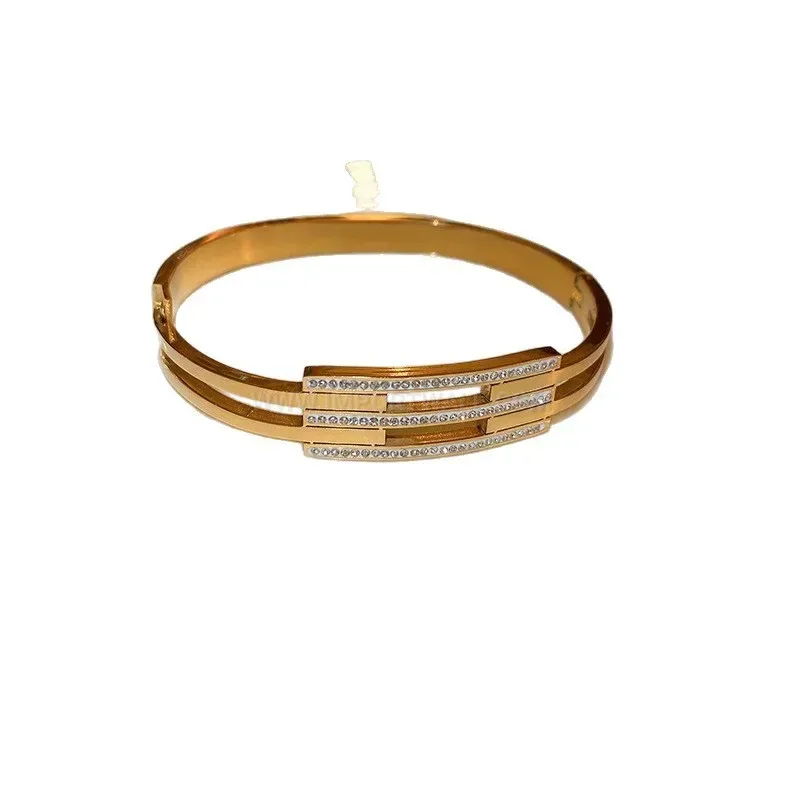 Classic Multi Layer Rhinestone Open Titanium Steel Cuff Bangle