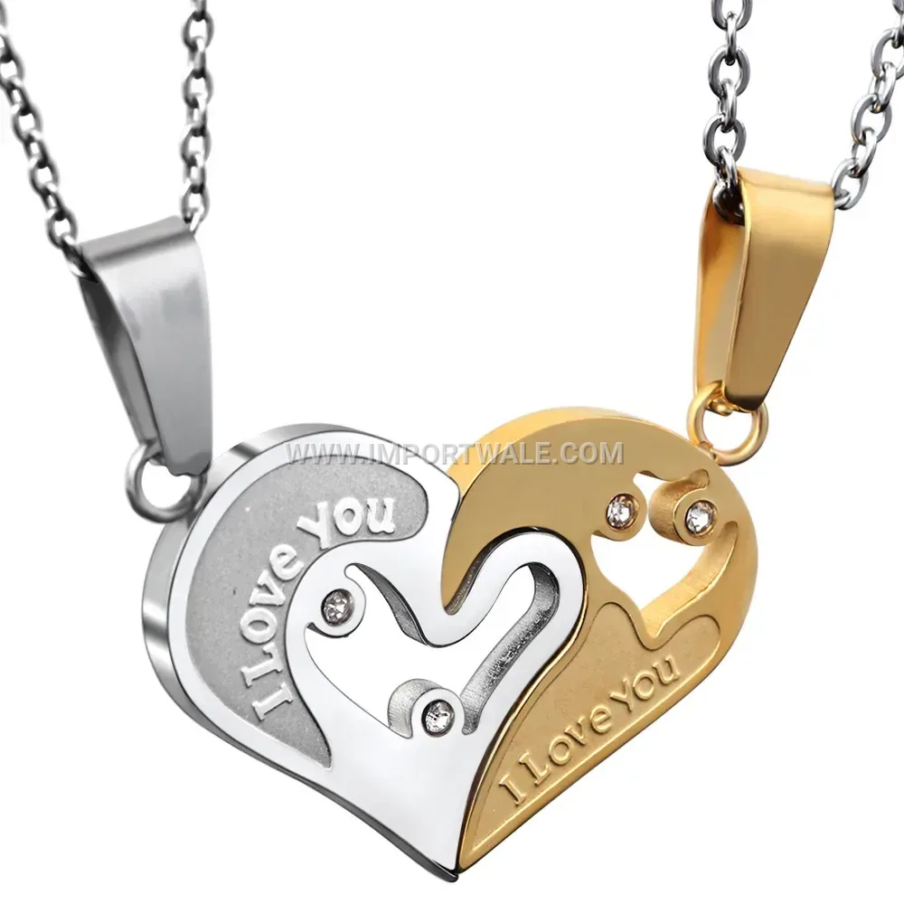 Matching Couple Heart Pendant Stainless Steel Engraved Necklace