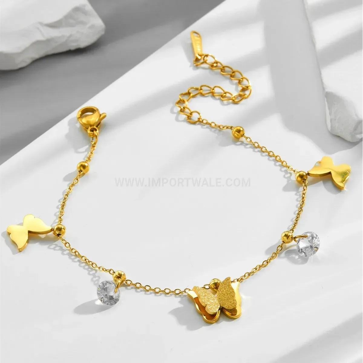 Frosted Sparkling Zircon Butterfly Gold Stainless Steel Chain Bracelet