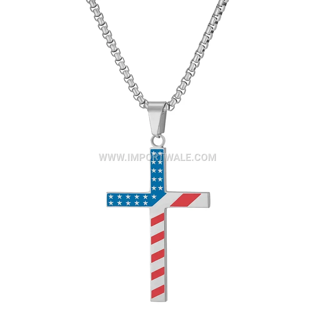 American Flag Enamel Cross Stainless Steel Pendant Necklace