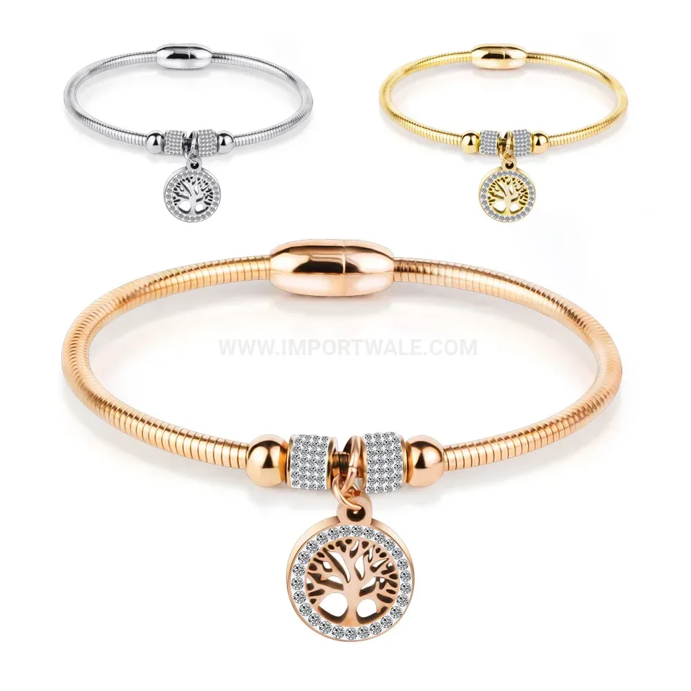 Designer Tree of Life Rhinestone Stainless Steel Magnetic Bangle