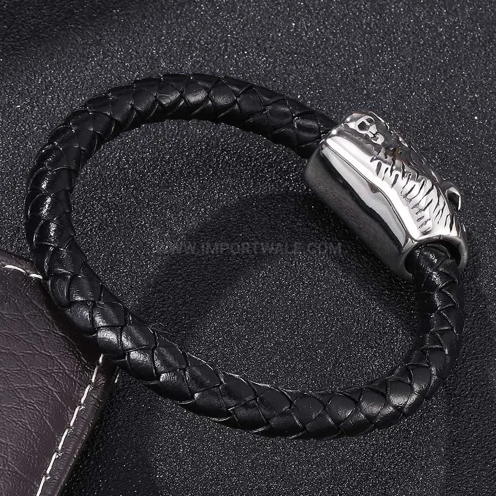 Elegant Braided Leather Lion Head Crown Bracelet with Stainless Steel Details