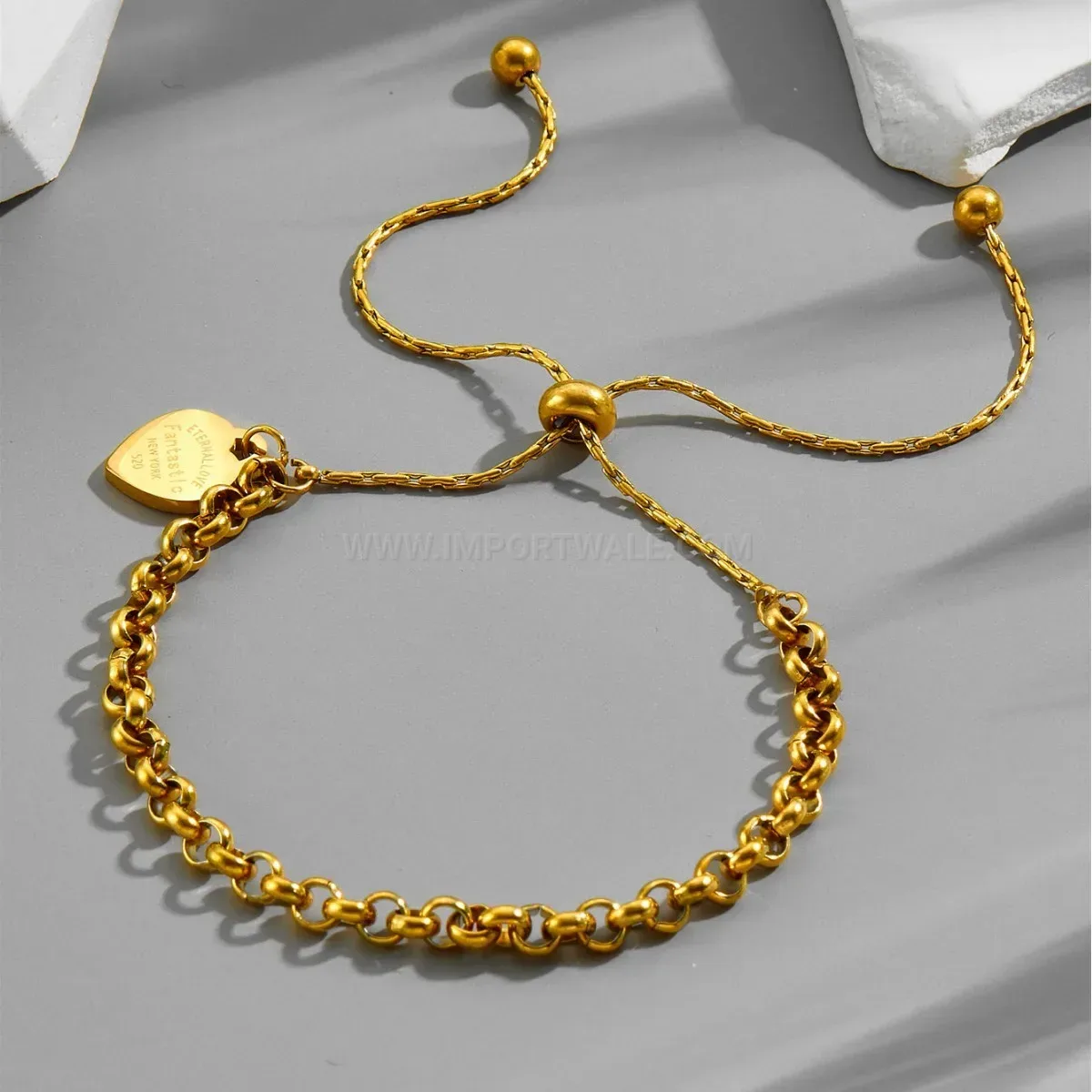 Adjustable Gold Heart Charm Titanium Steel Pearl Chain Bracelet