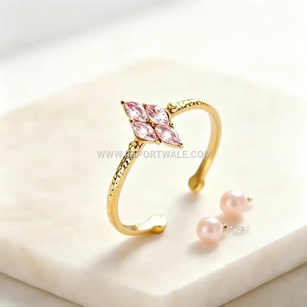 Floral Diamond Accent Open Stainless Steel Band