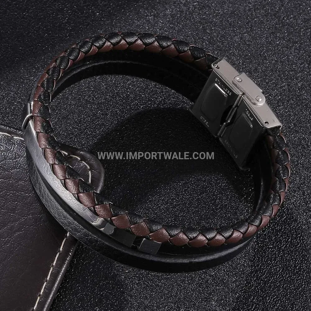Triple Ring Woven Leather Stainless Steel Men Bracelet