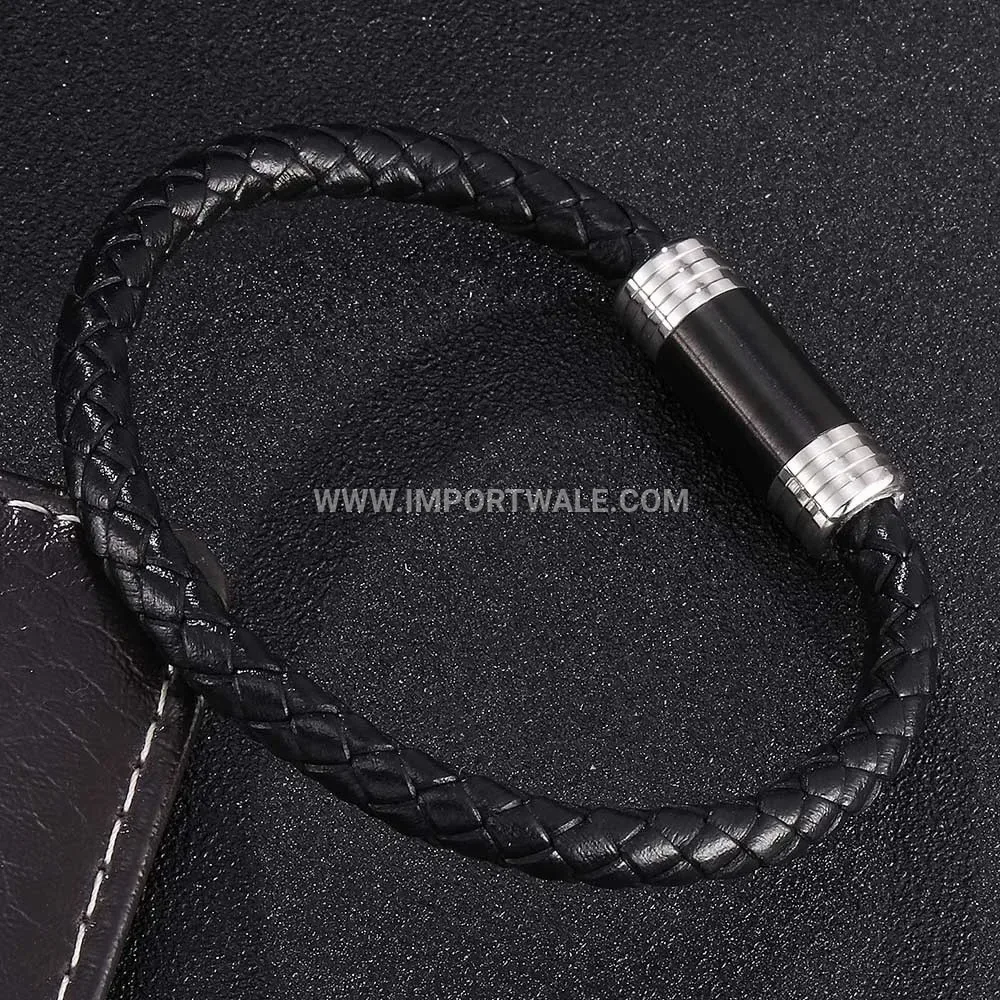 Woven Leather Strand Wristband with Black Metal Clasp