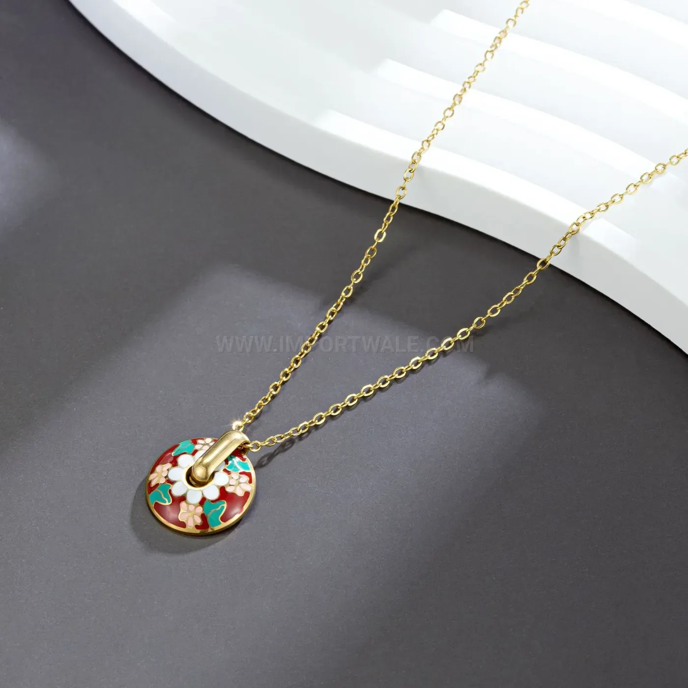 Premium Retro Enameled Floral Print Titanium Steel Pendant Necklace