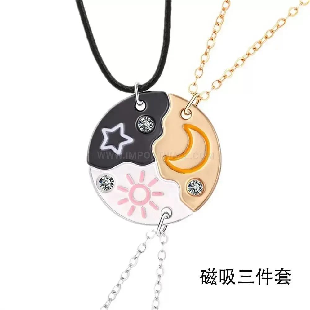 Stainless Steel Celestial Sun Moon Trio Friendship Pendant Necklace Set
