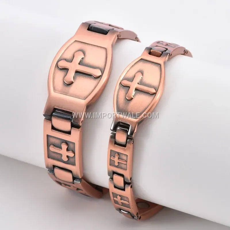 Vintage Pure Copper Curved Cross Plaque Men's Bracelet
