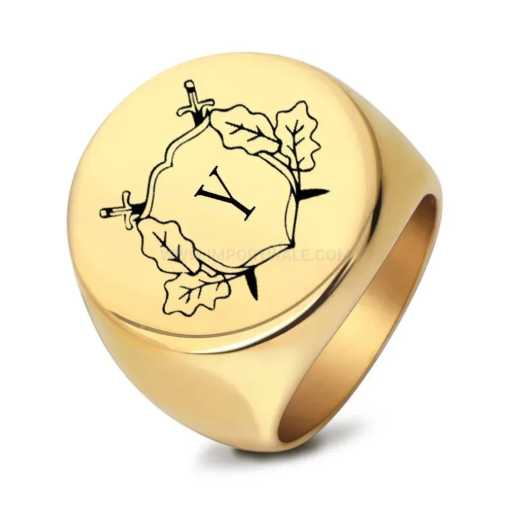 Stylish Vintage Engraved Initial Round Stainless Steel Signet Ring