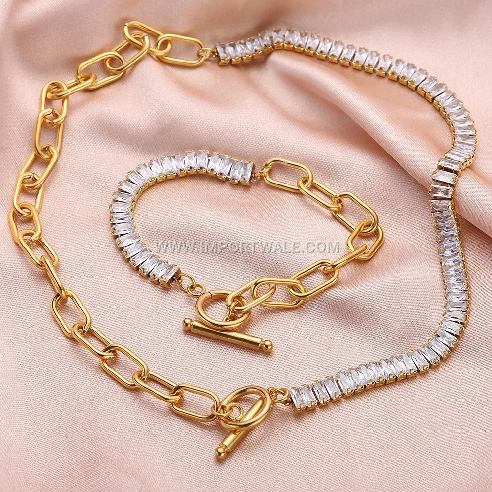 Gold Plated Titanium Steel Geometric Bracelet with Clear Zirconia