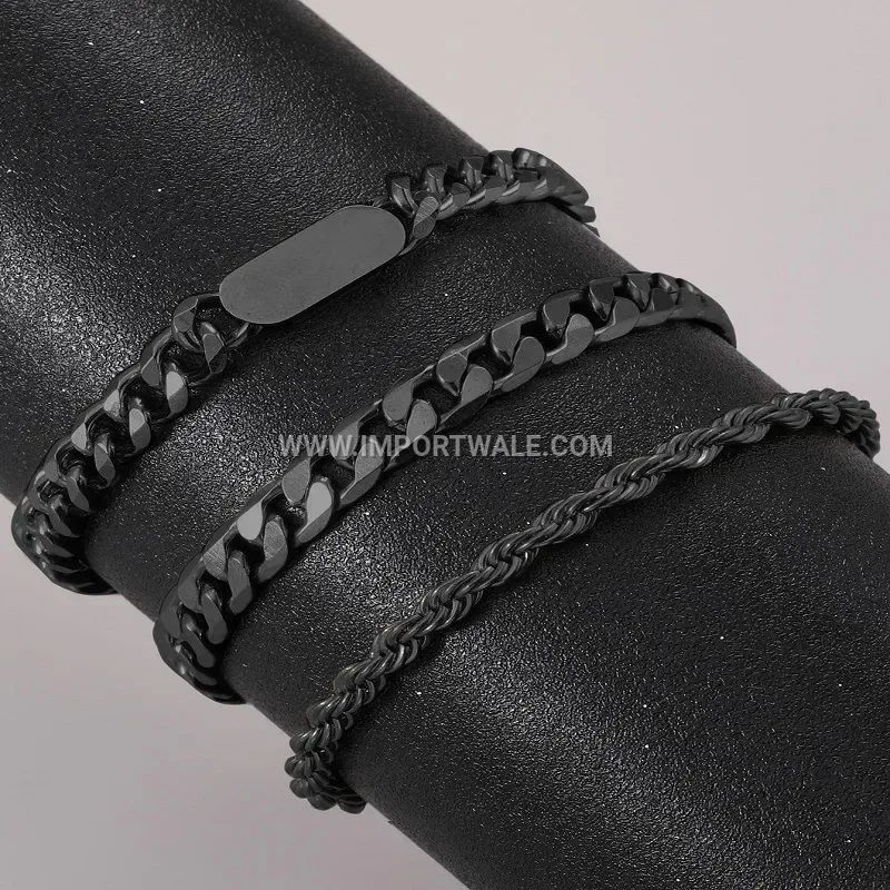 Black Stainless Steel Geometric Jewelry Set with Necklace Ring and Bracelet